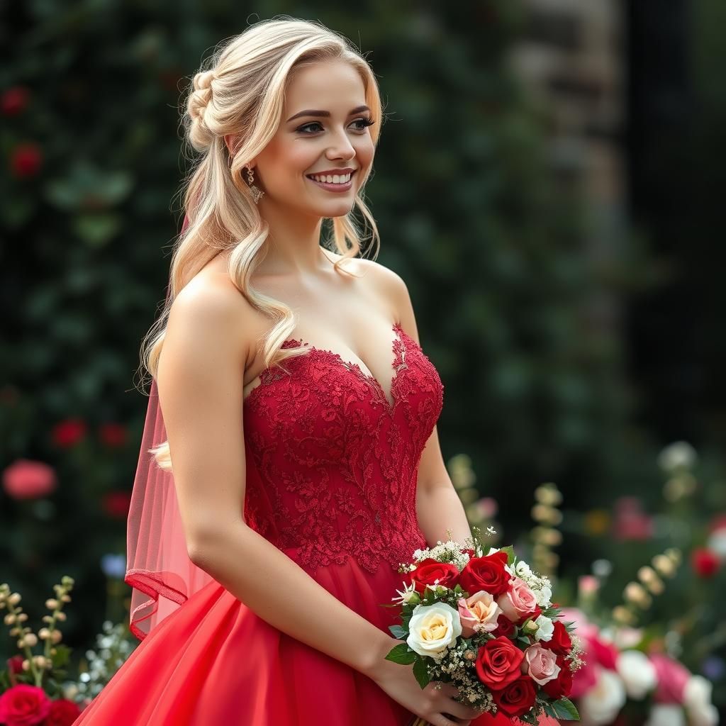 Blonde Woman in Red Latex Wedding Dress