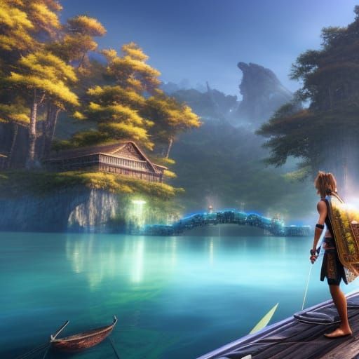 Final Fantasy X: Serene Lake Scene Illustration