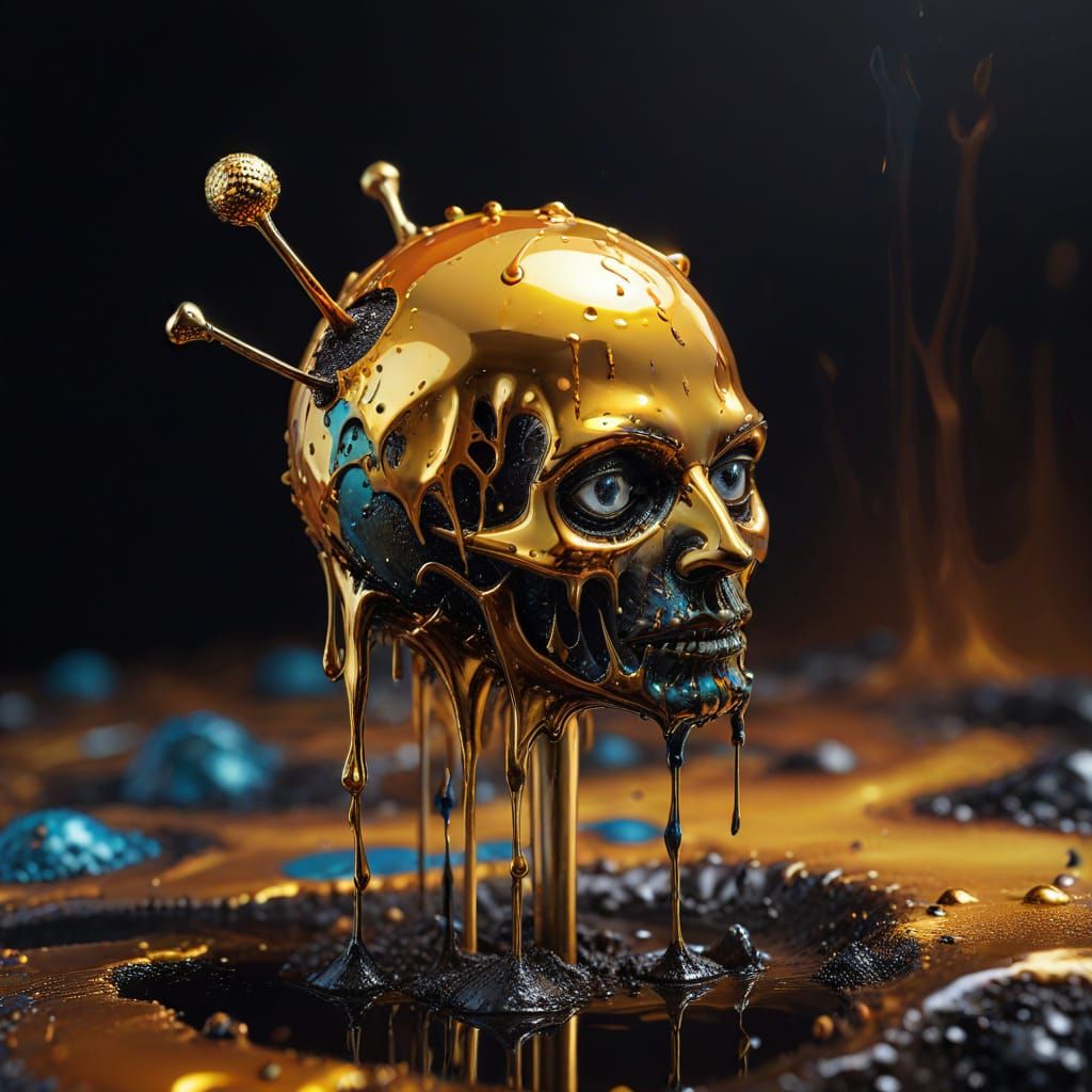 Surreal, Golden Pin with Dripping Golf Pinhead in Macro Phot...
