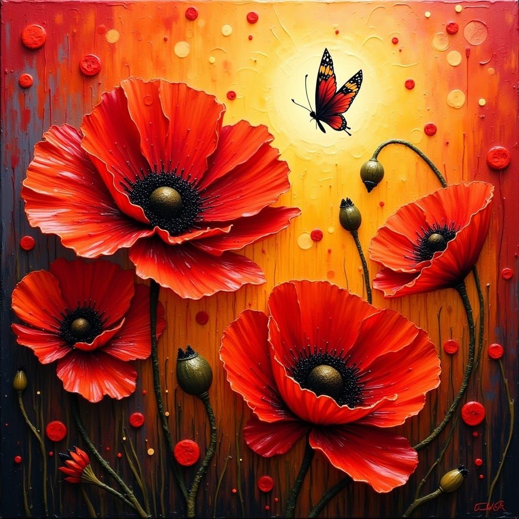 <lora:TexturedFlux:0.5> textured impasto acrylic encaustic red poppies with a dark fantasy butterfly bokeh golden sunset
