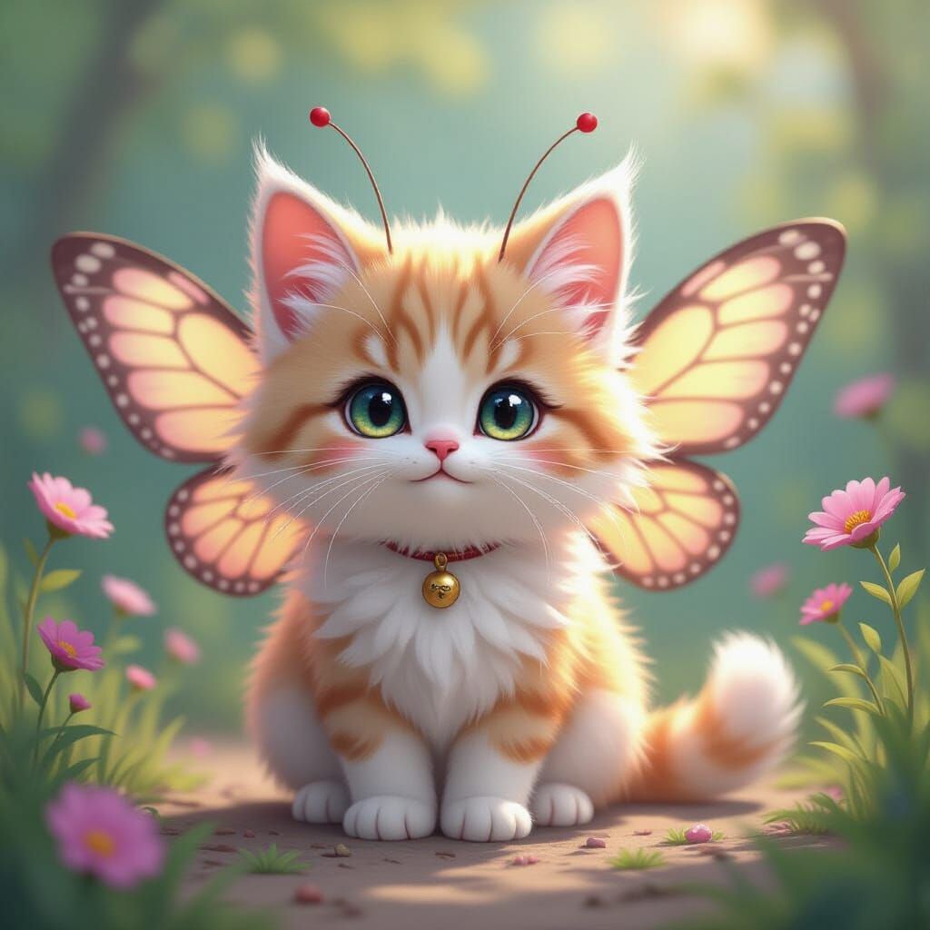 Fluffy Pink Cat-Butterfly in Playful Digital Art Style