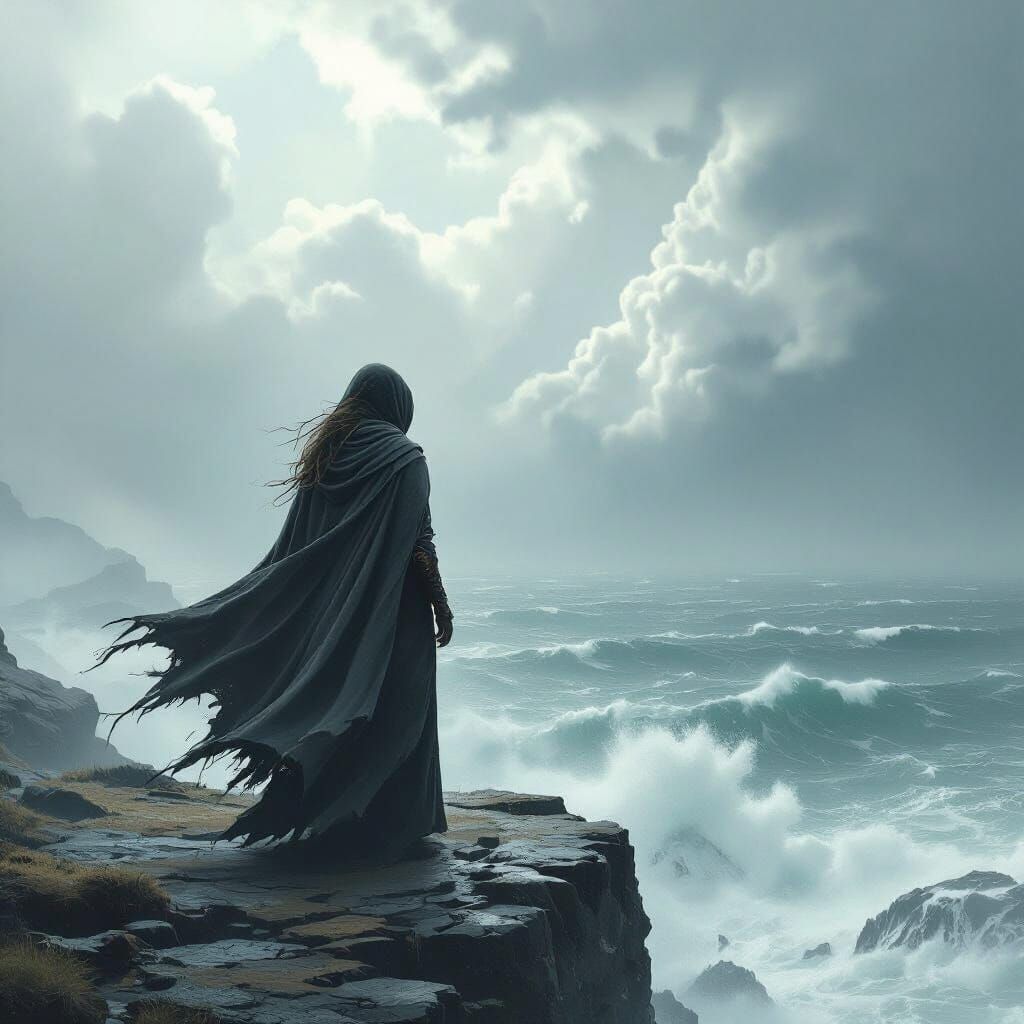 Woman on Cliff Overlooking Stormy Alien Sea