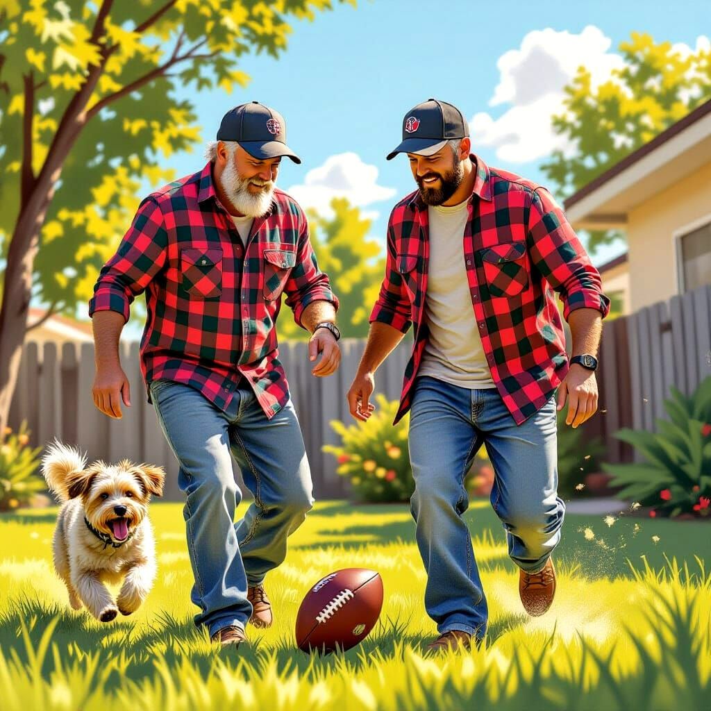 Australian Father and Son Play Football in Backyard