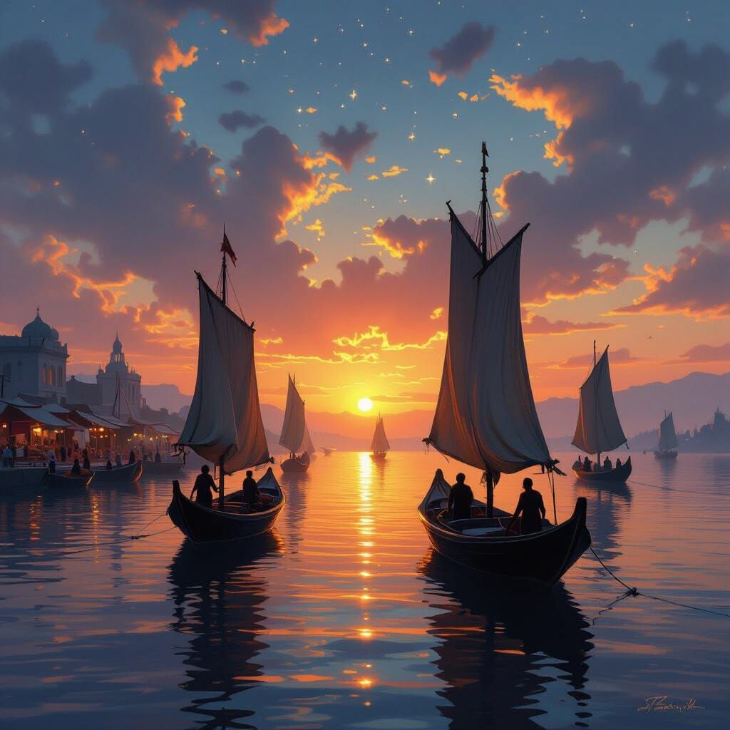 Dawn Silk Market Boats with Starry Sky