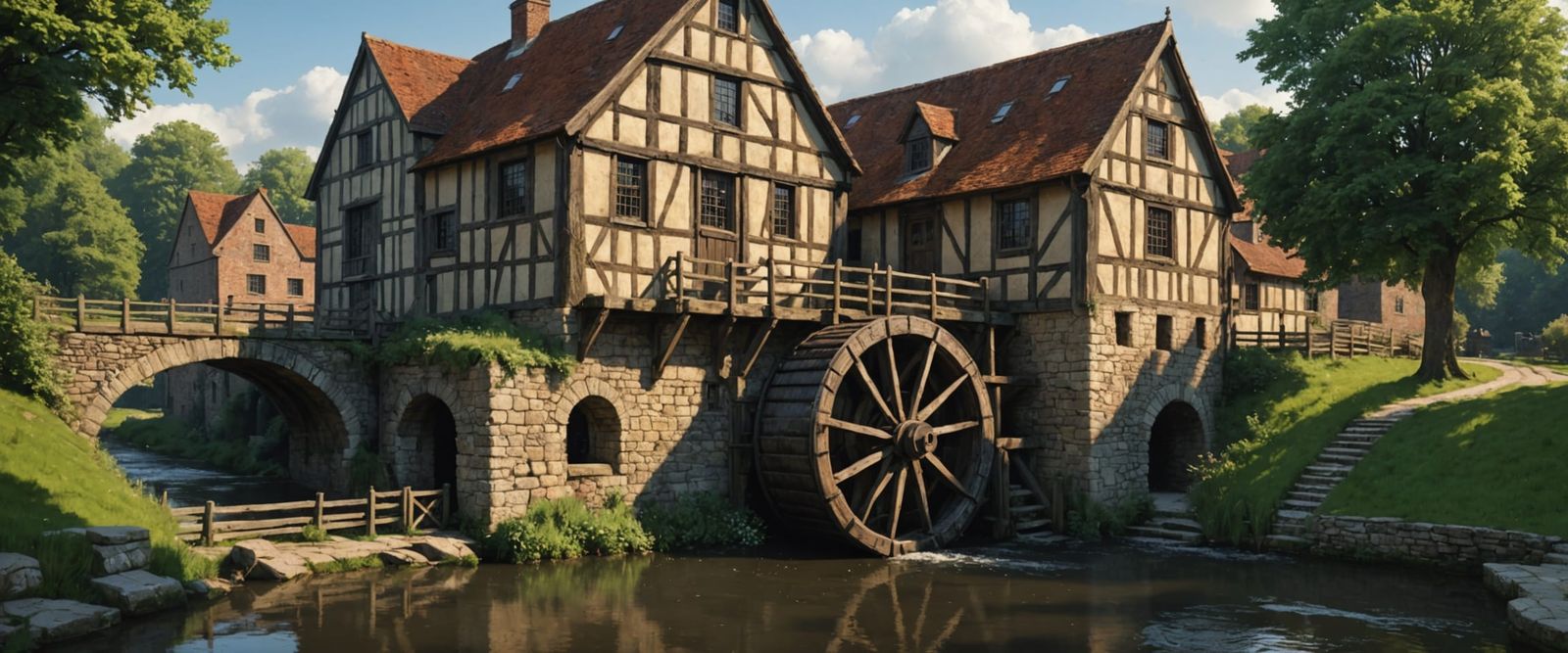 English Canal Scene with Ancient Water Mill in Dramatic Hype...