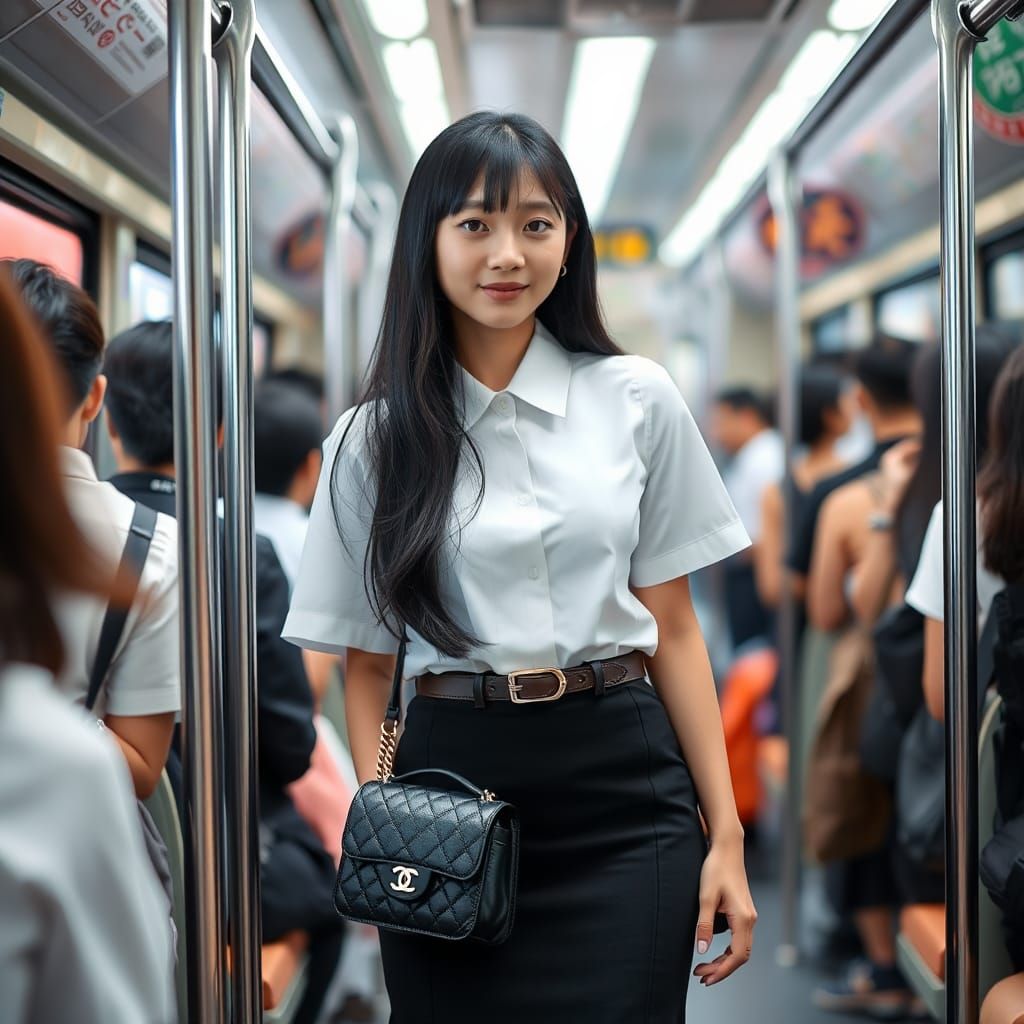 Young Woman in School Uniform on Crowded Bus
