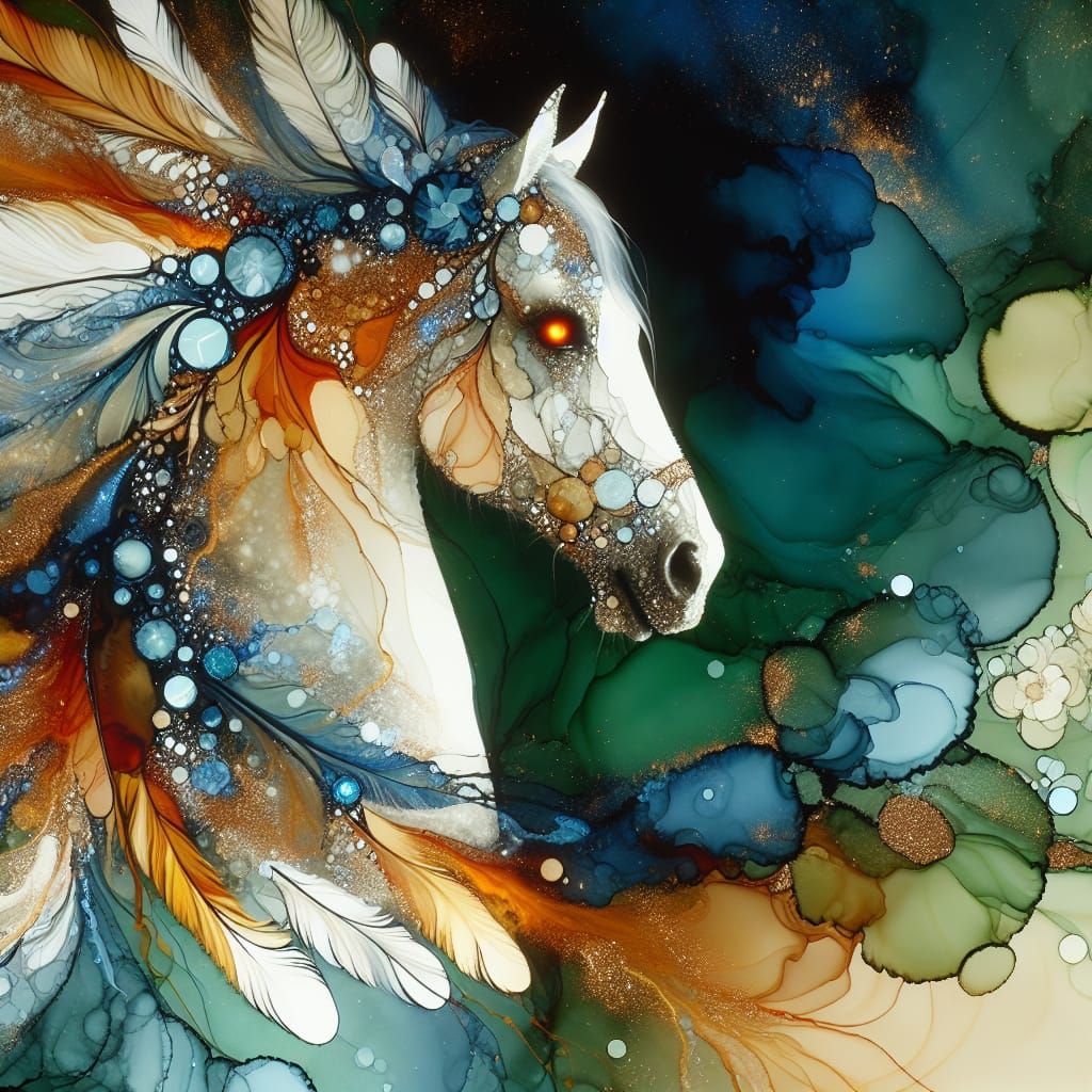 Alcohol Ink Horse with Feather and Crystal Patterns