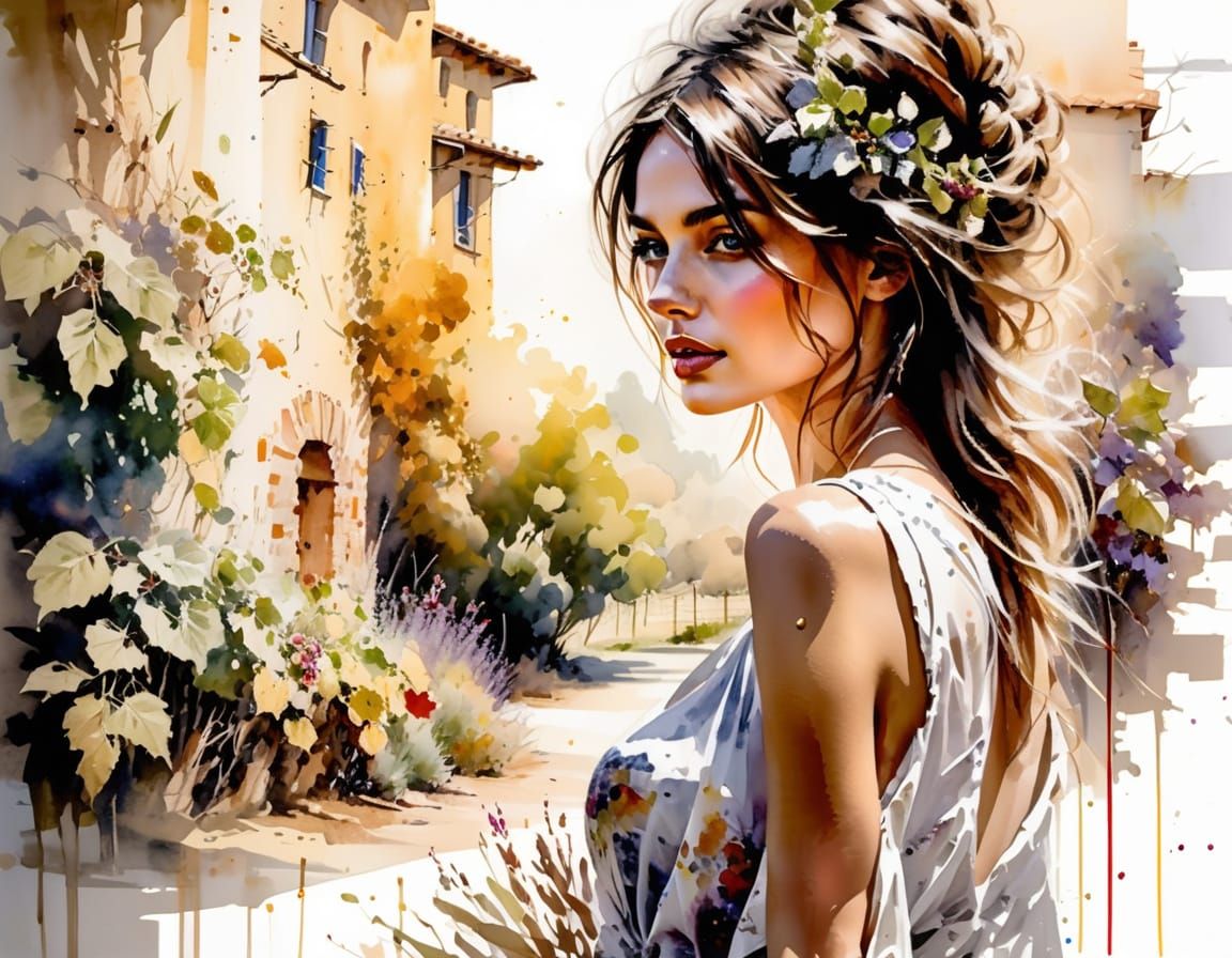 Sun-Dappled Tuscan Vineyard in Expressive Watercolour Style