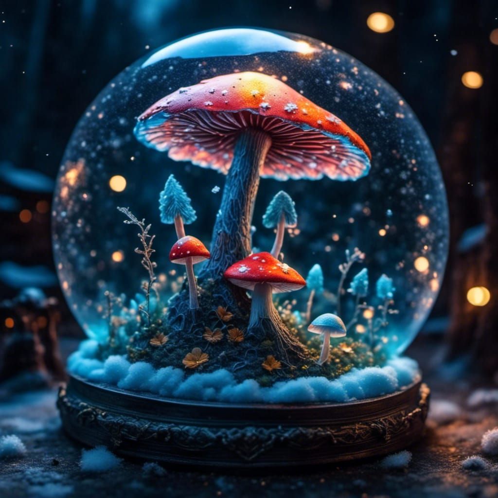Bioluminescent Mushrooms and Fireflies in Snow Globe