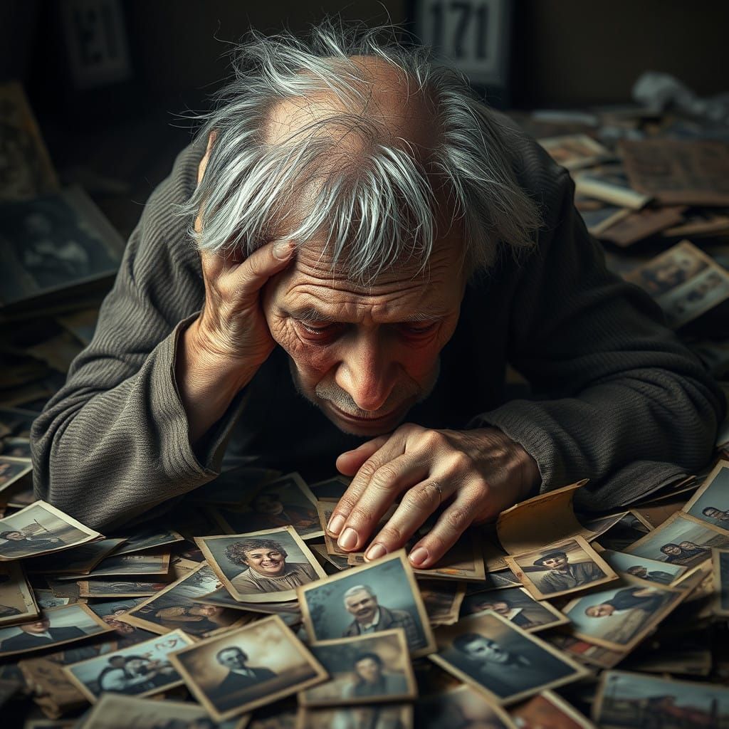 Melancholic Elderly Man Surrounded by Nostalgic Memories in....