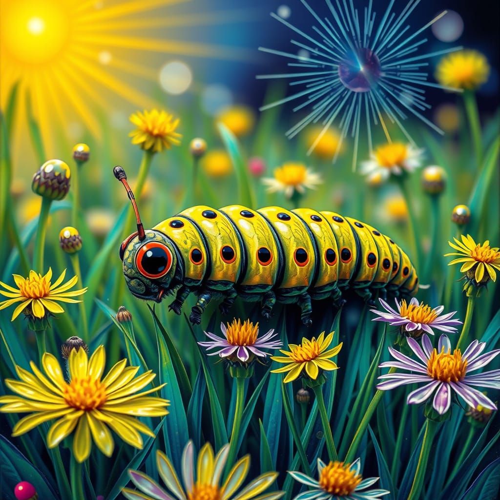 Surreal Caterpillar in Bejeweled Meadow, Impasto Style