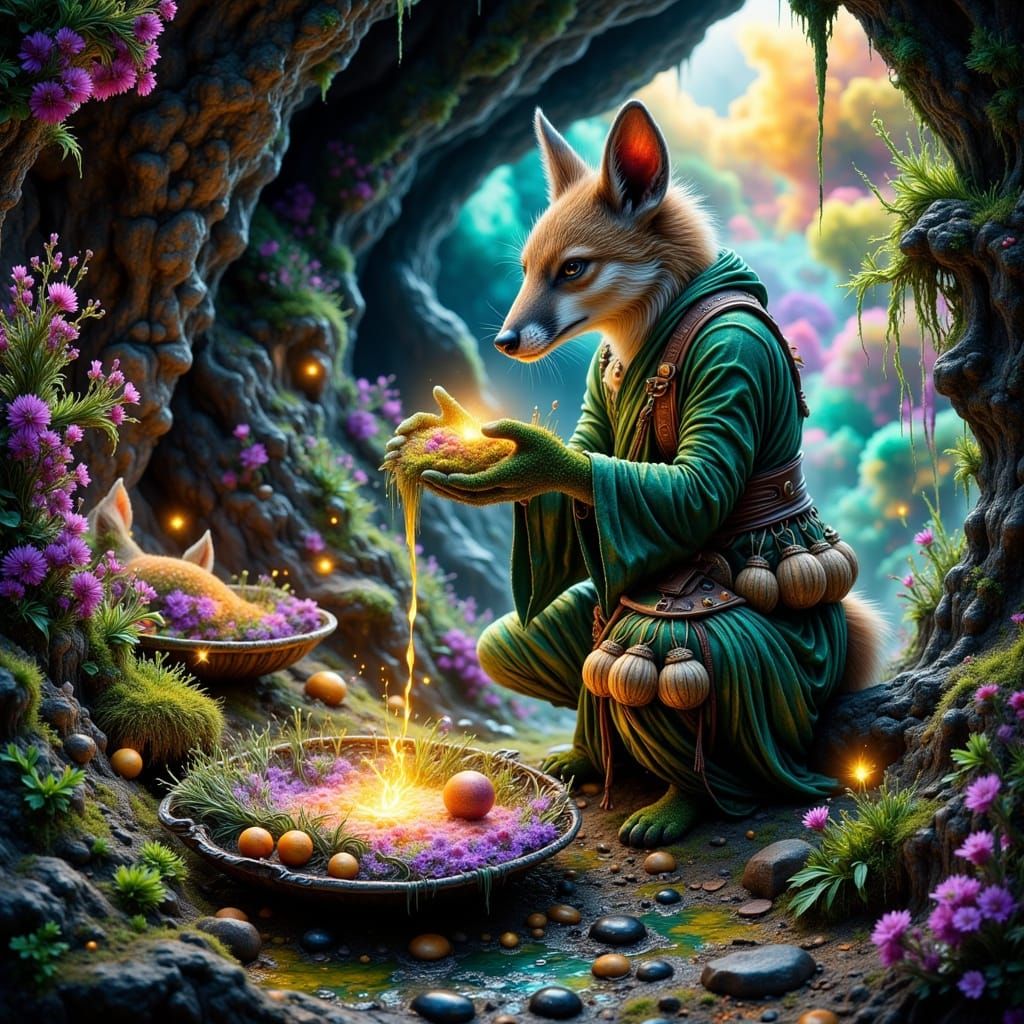 Whimsical Cave Garden Scene in Vibrant, Dreamlike Colors