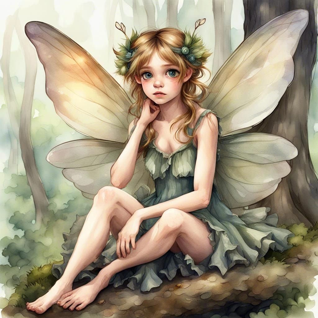 Astonished Fairy in Woods: Detailed Watercolor Digital Art