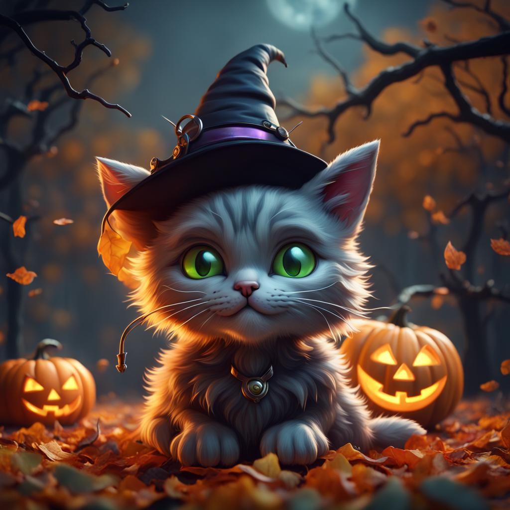 Cute Halloween Cat in Detailed Digital Painting