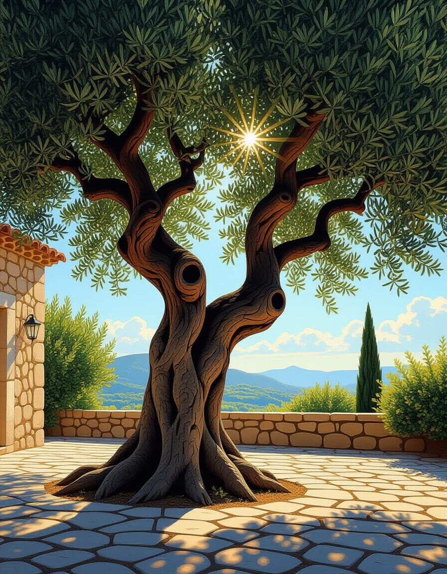 Ancient Olive Tree in Sun-Drenched Courtyard
