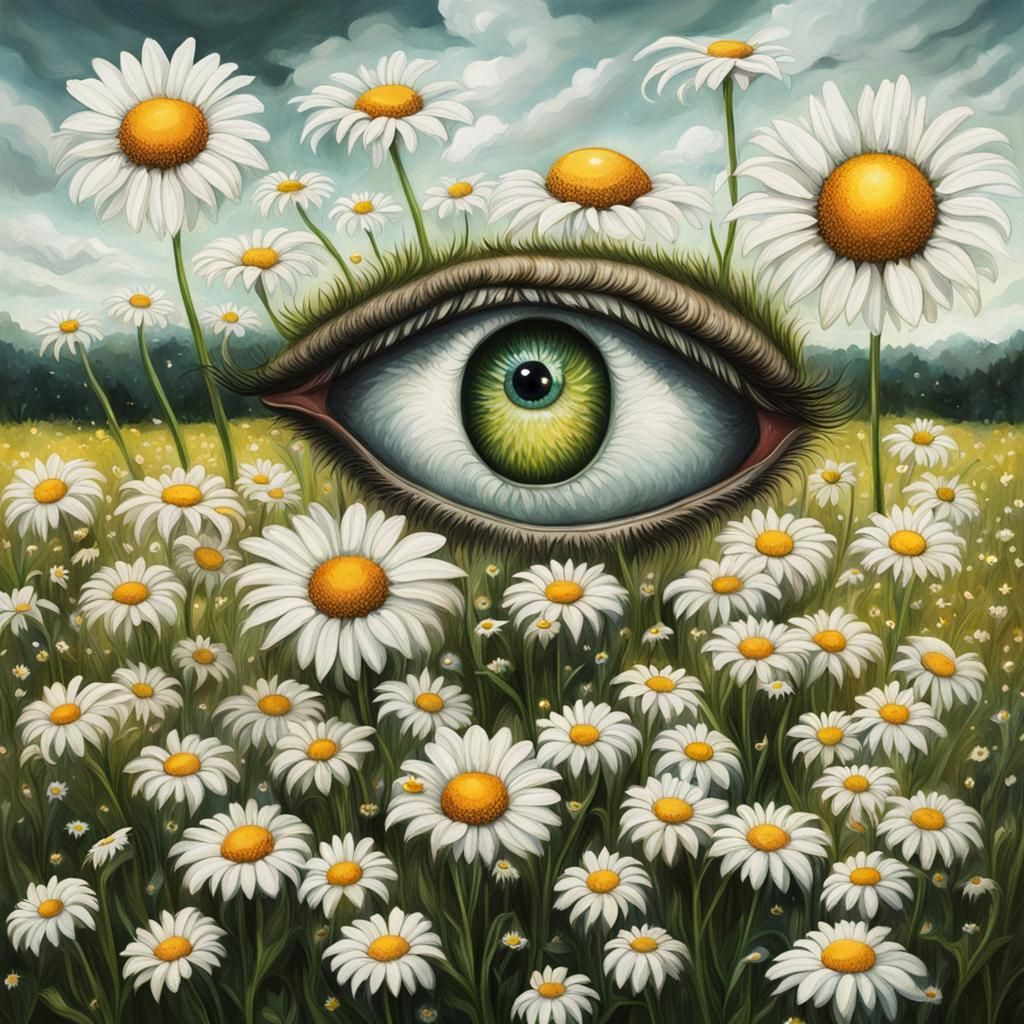 Big disembodied eyes inside daisies in a field. fantasycore surrealism