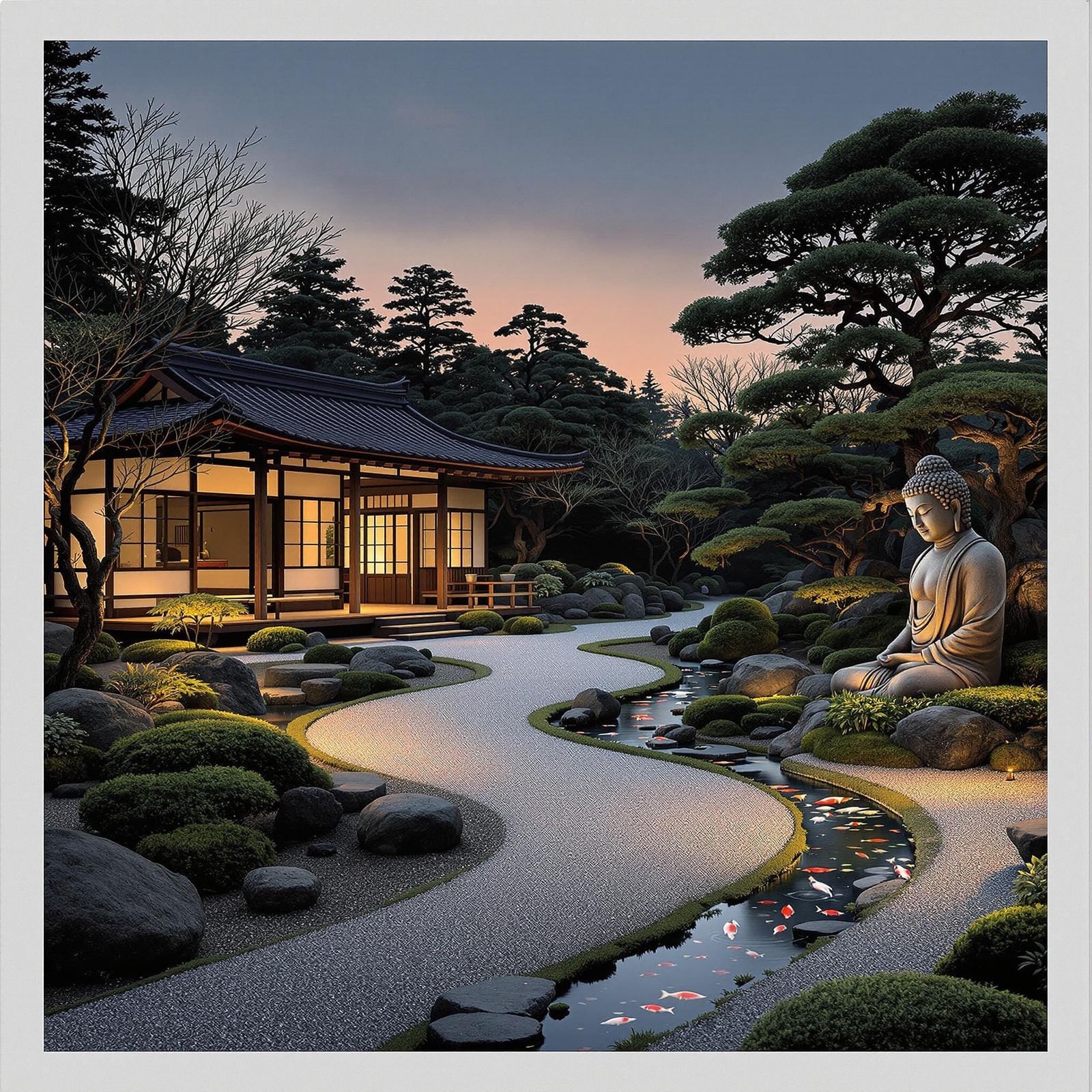 Twilight Zen Garden with Tea House, Japanese Art Style