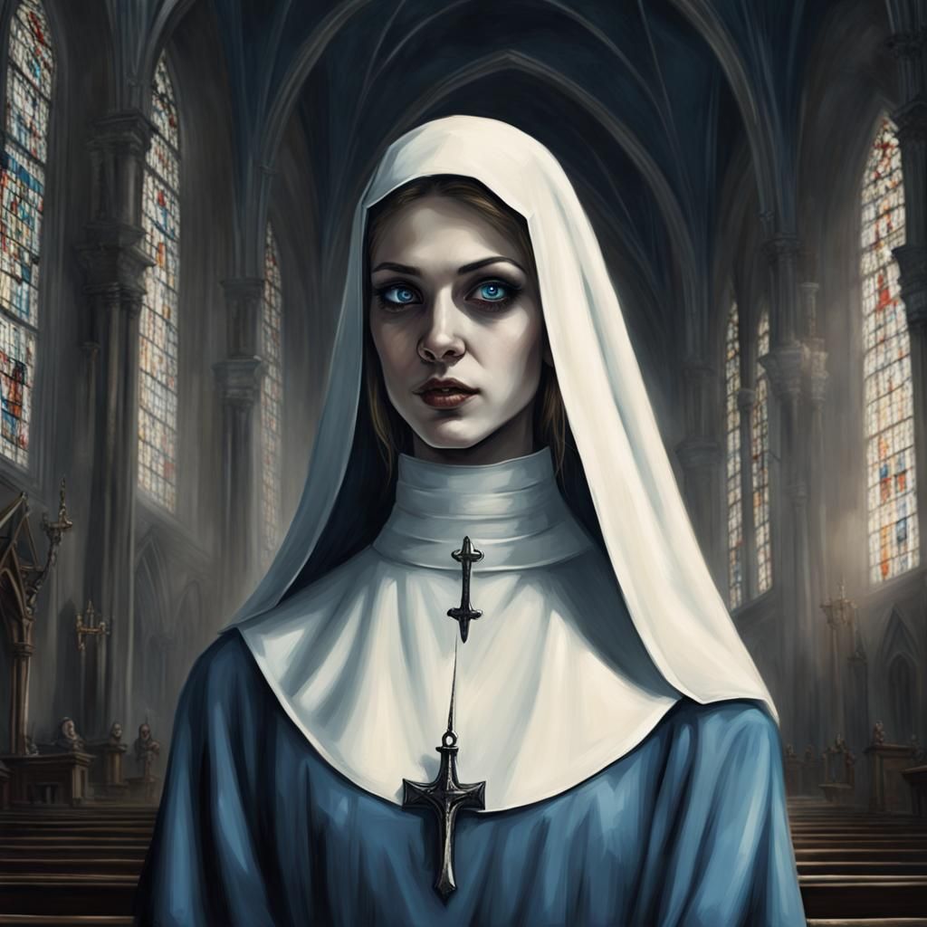 Nun with Demonic Smile in Gloomy Church