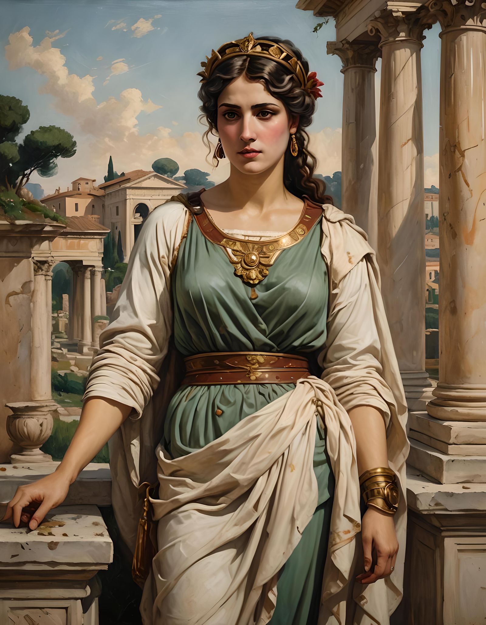 Beautiful Roman Woman at Villa: Oil on Canvas Portrait