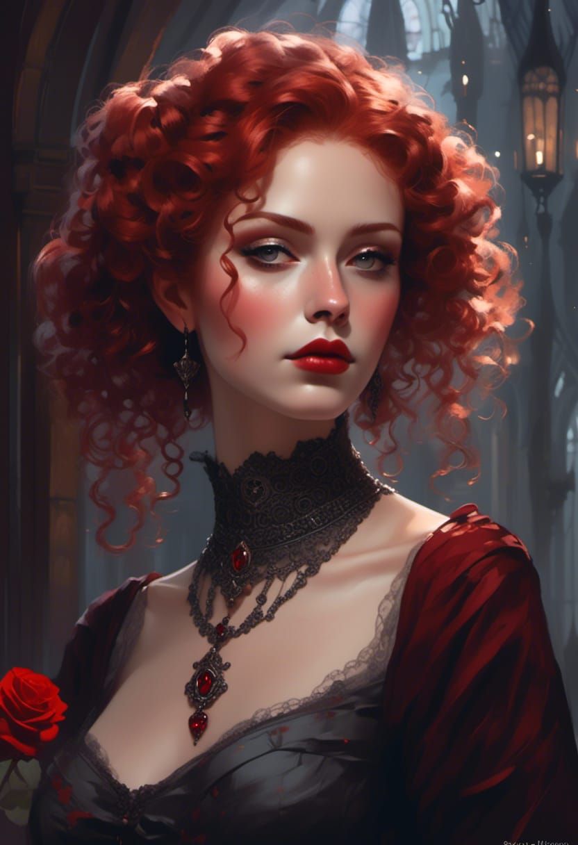 Pale Red-Haired Vampiress in Sci-Fi Gothic Fashion