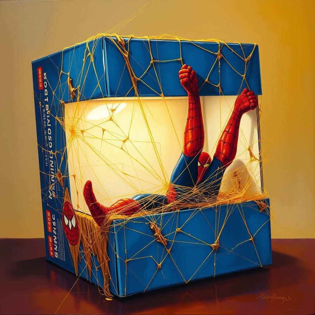 Ethereal Still Life of Spiderman Box in Golden Web