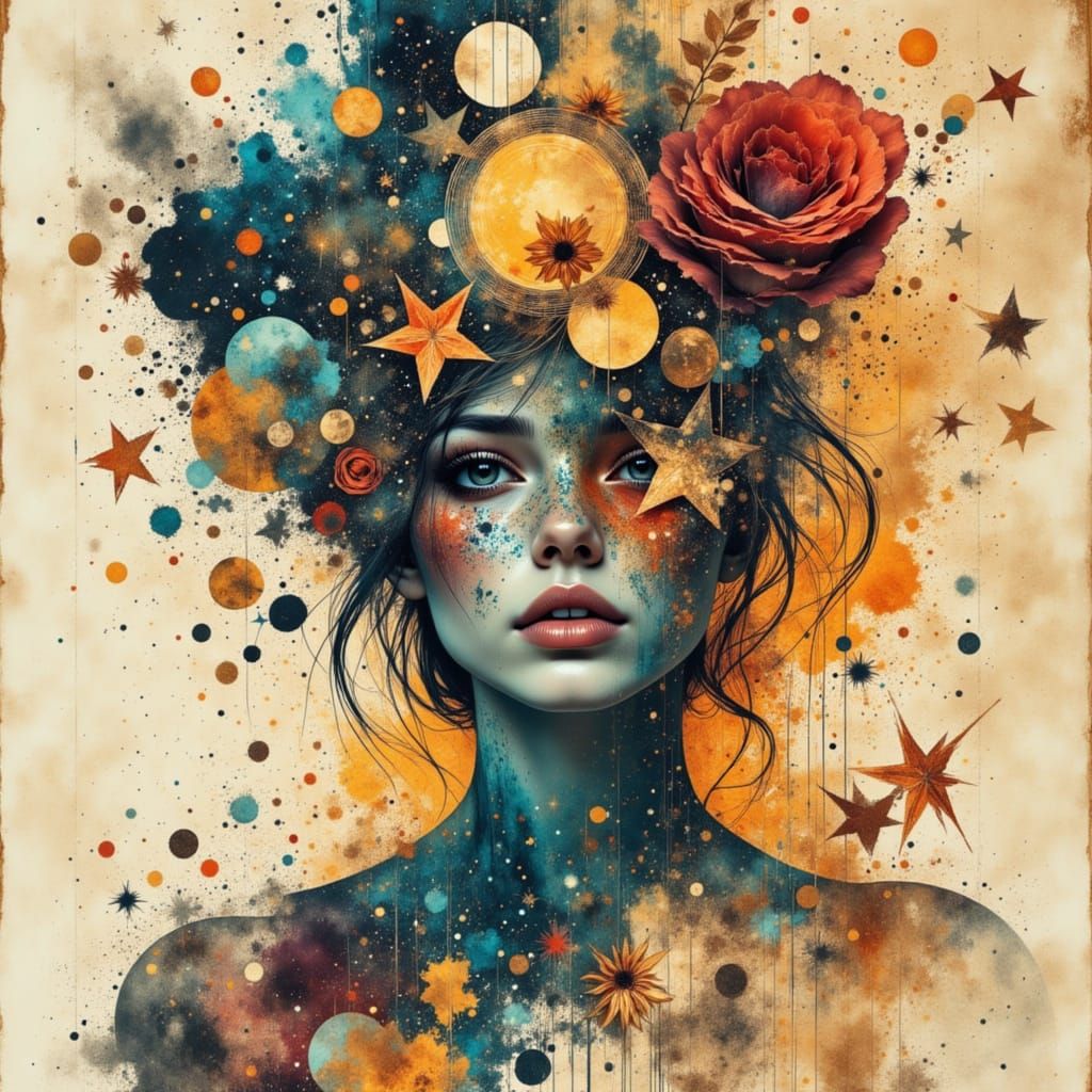 Woman Adorned with Star Patterns and Galactic Dust