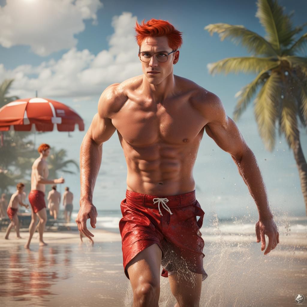 Redhead Lifeguard Running on Beach in Detailed Digital Paint...