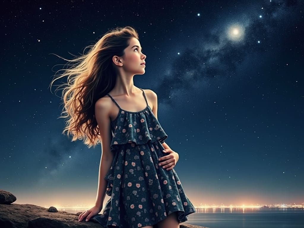 Young Woman Watching Stars in Wonder: Photorealistic Image