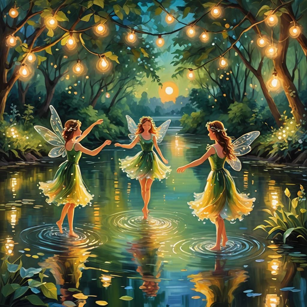 Fairies Dancing at Sunset: Impressionist Oil Painting