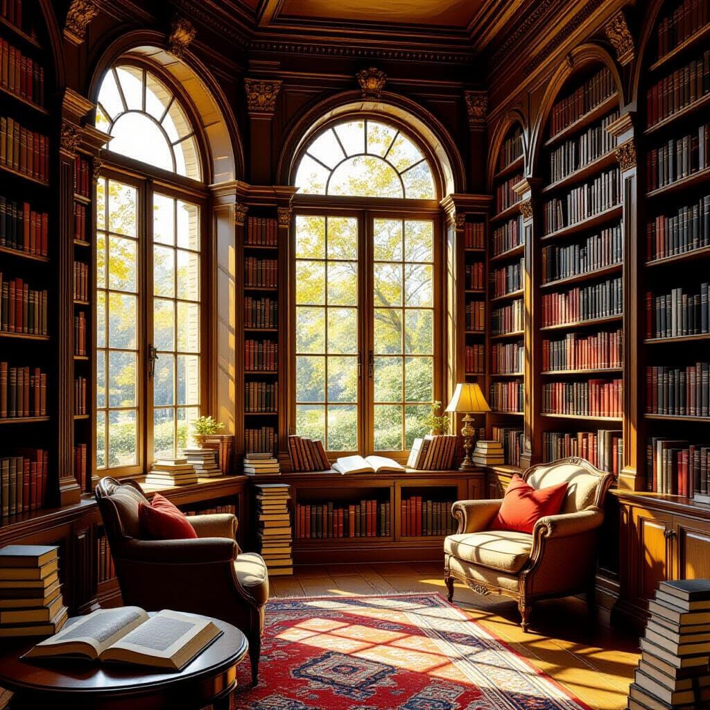 Sun-Drenched Library Interior as Classic Oil Painting