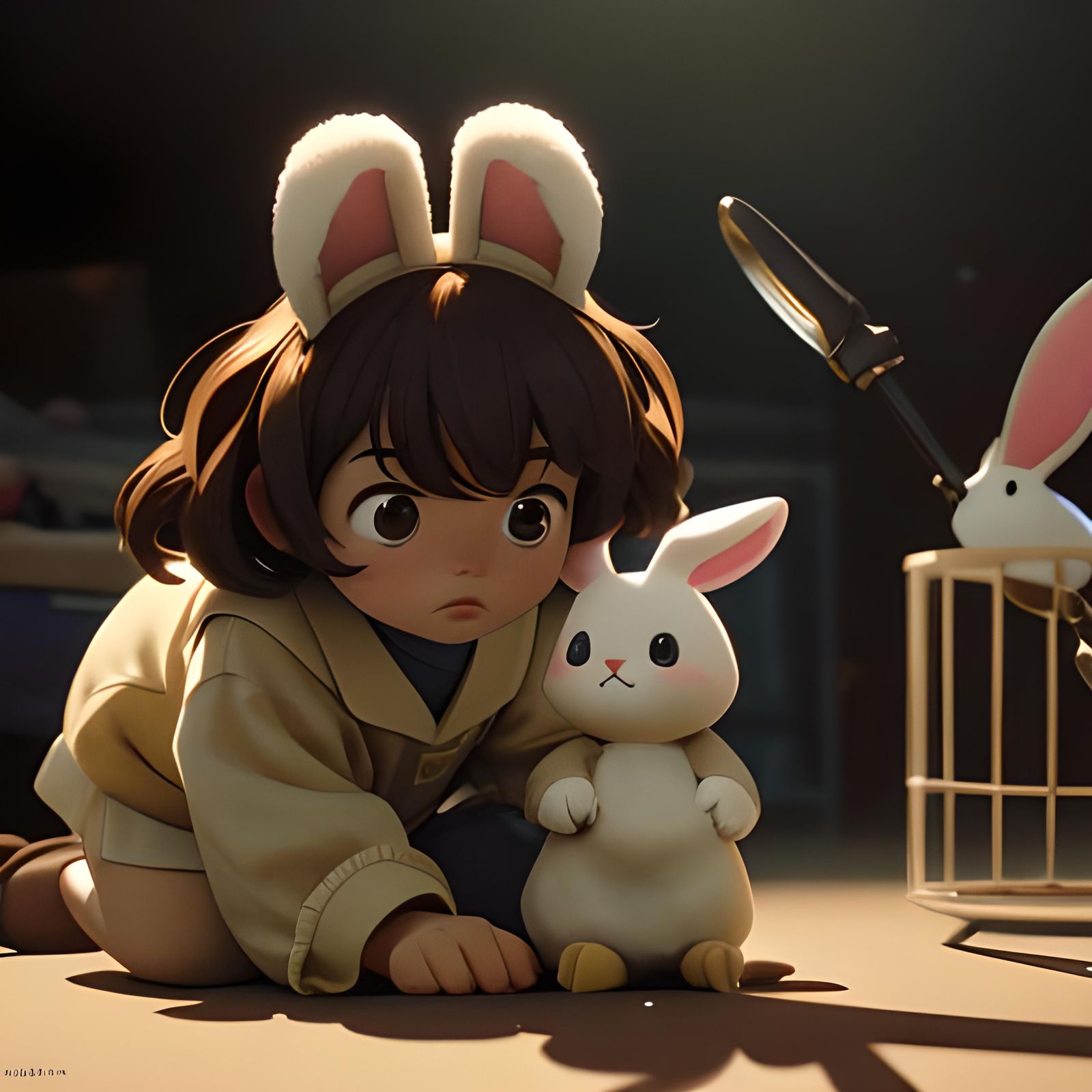 Vacuuming Chocolate Easter Bunny: Cinematic Film Still