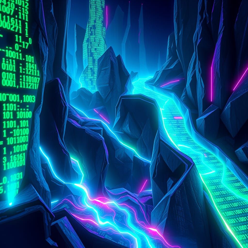 Digital River of Binary Code in Ethereal Landscape