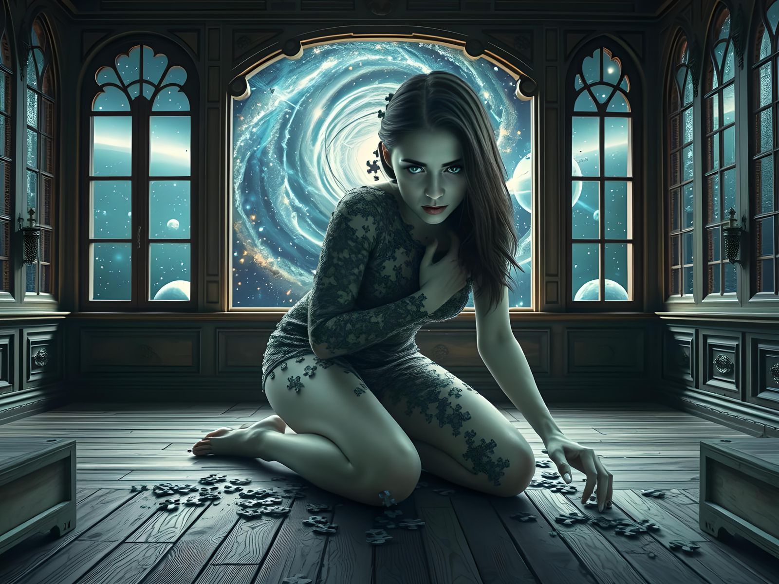 Puzzle Woman Kneeling in Fantasy Room