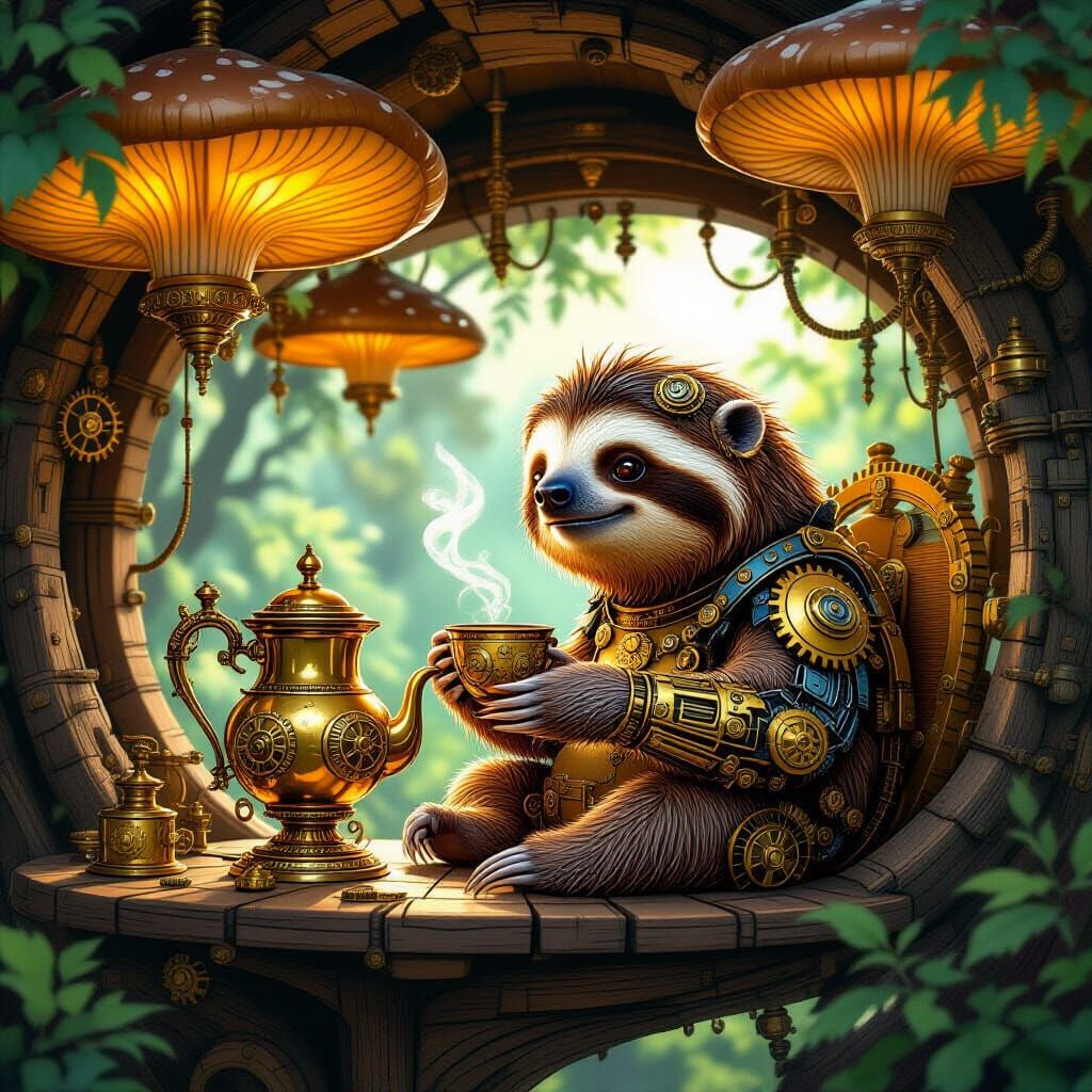 Steampunk Sloth Brews Tea in Cozy Treehouse