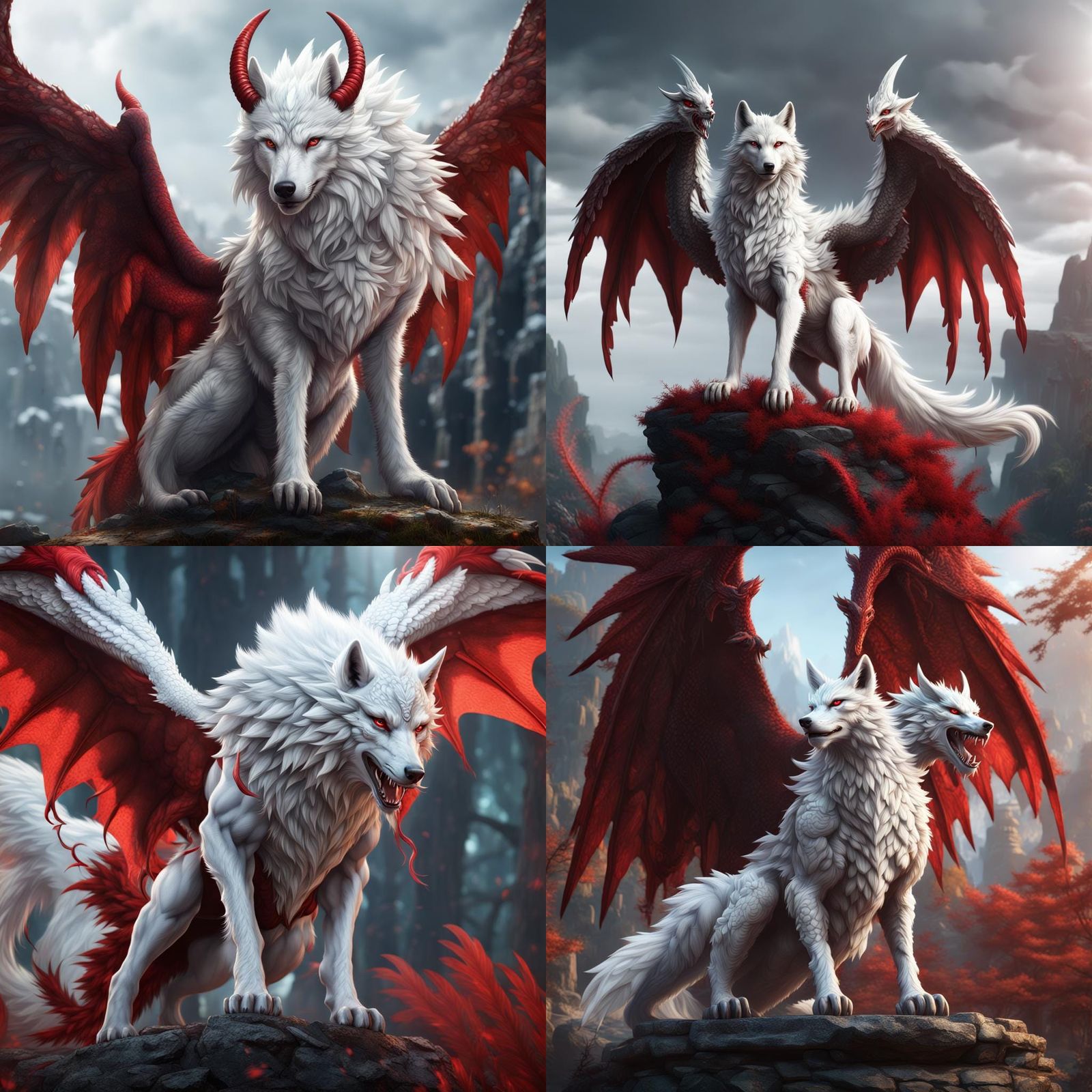 White Wolf Dragon Hybrid with Feathered Wings