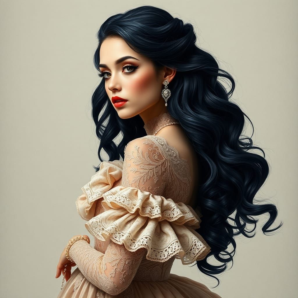 Stunning Woman in Elaborate Gown, Hyper-Realistic Art