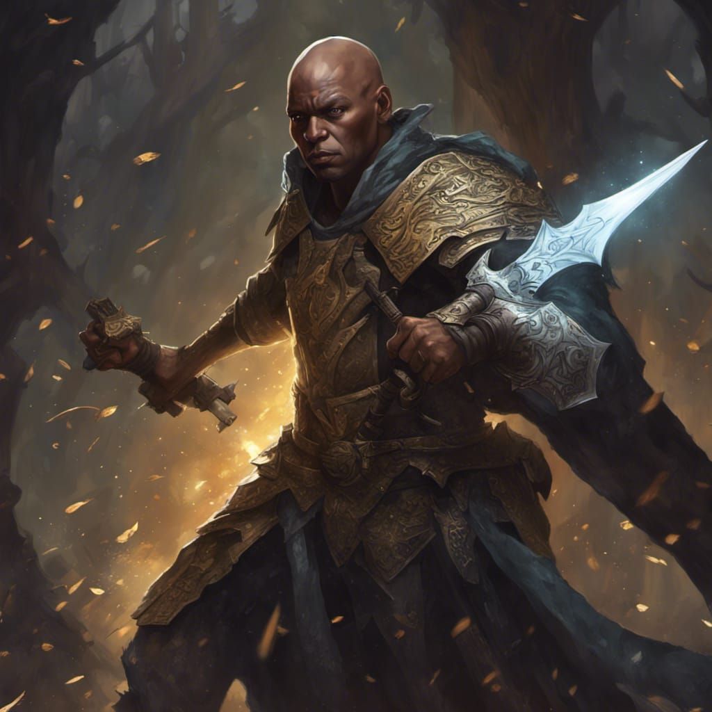 Dark-Skinned Bald Paladin of Nature with Halberd