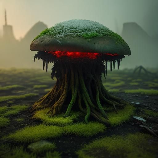 Celtic graffiti ancient abandoned, rusty, glowing city, nuclear blast and mushroom. Green mood. Chiaroscuro soft blended...