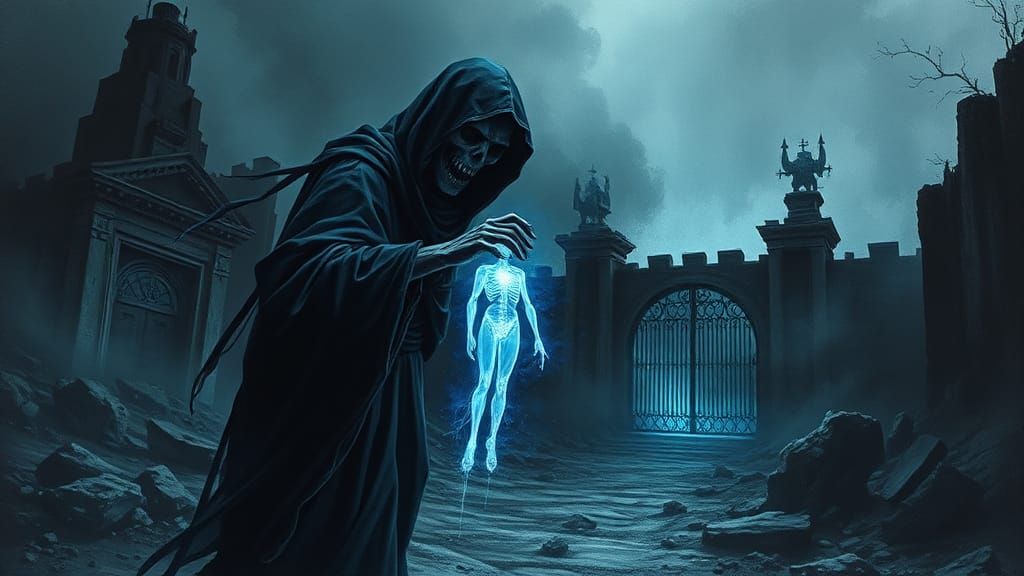 Grim Reaper Guides Soul in Dark Surreal Landscape