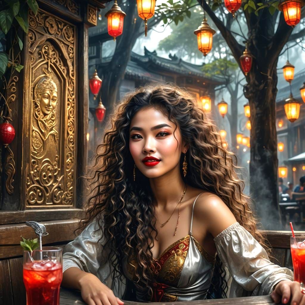 Beautiful Thai Woman in Stylish Dress, Digital Art