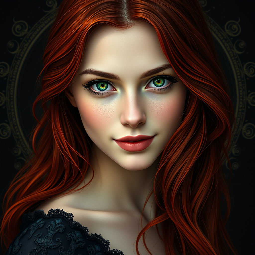 Mystical Red-Haired Woman with Green Eyes