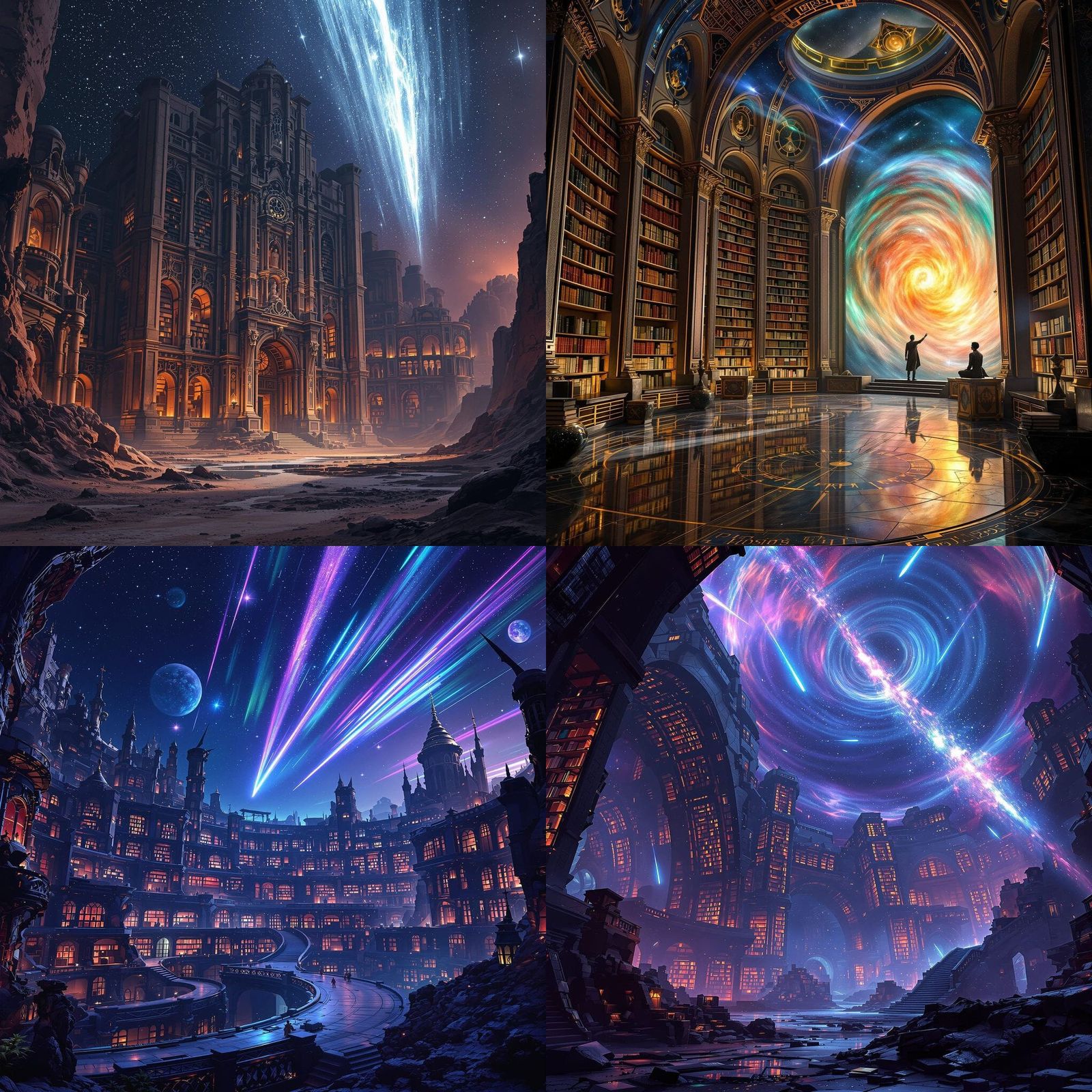 Cosmic Library Amidst Meteor Showers in Fantasy Art Style