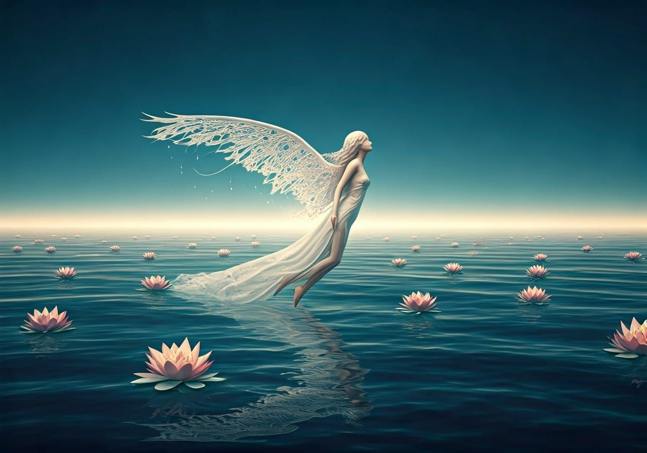 Ethereal Angel in Dreamlike Crystal Landscape