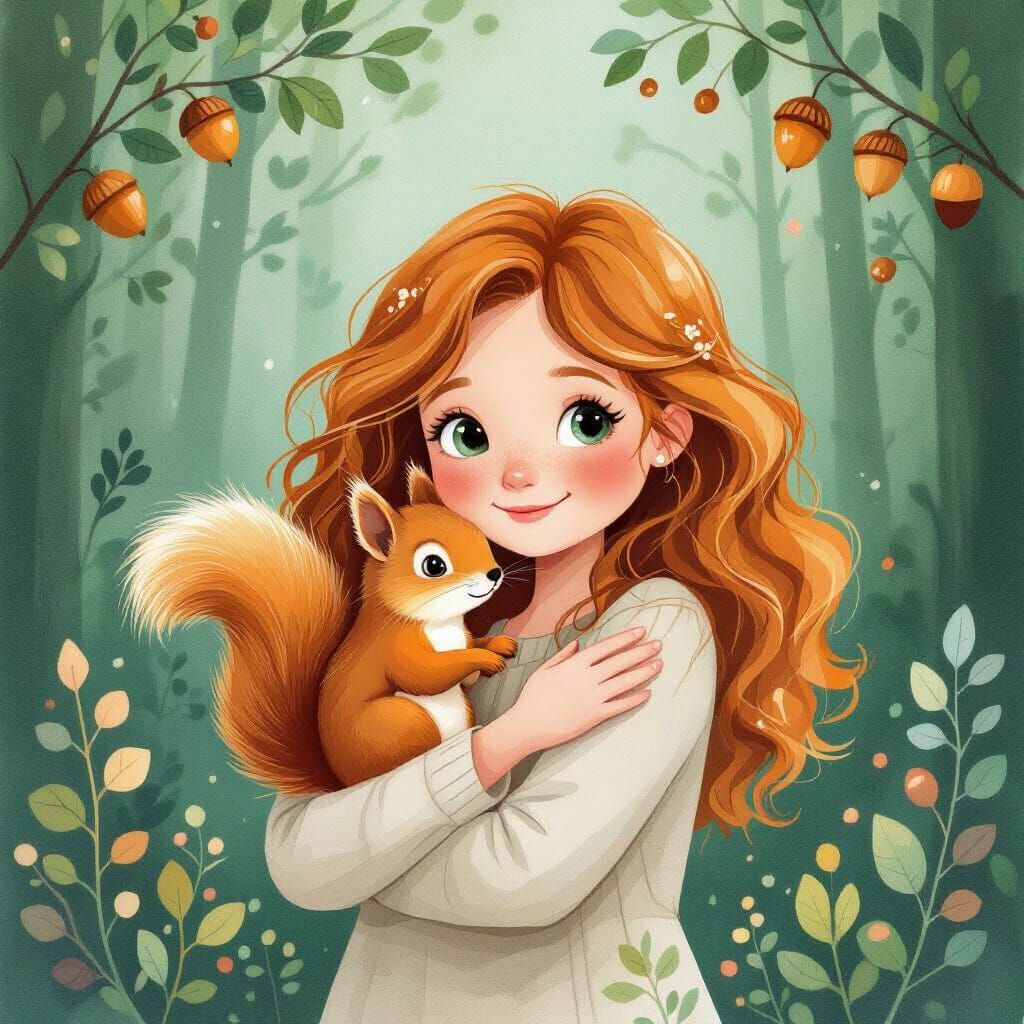 Whimsical Watercolor Girl Hugs Squirrel
