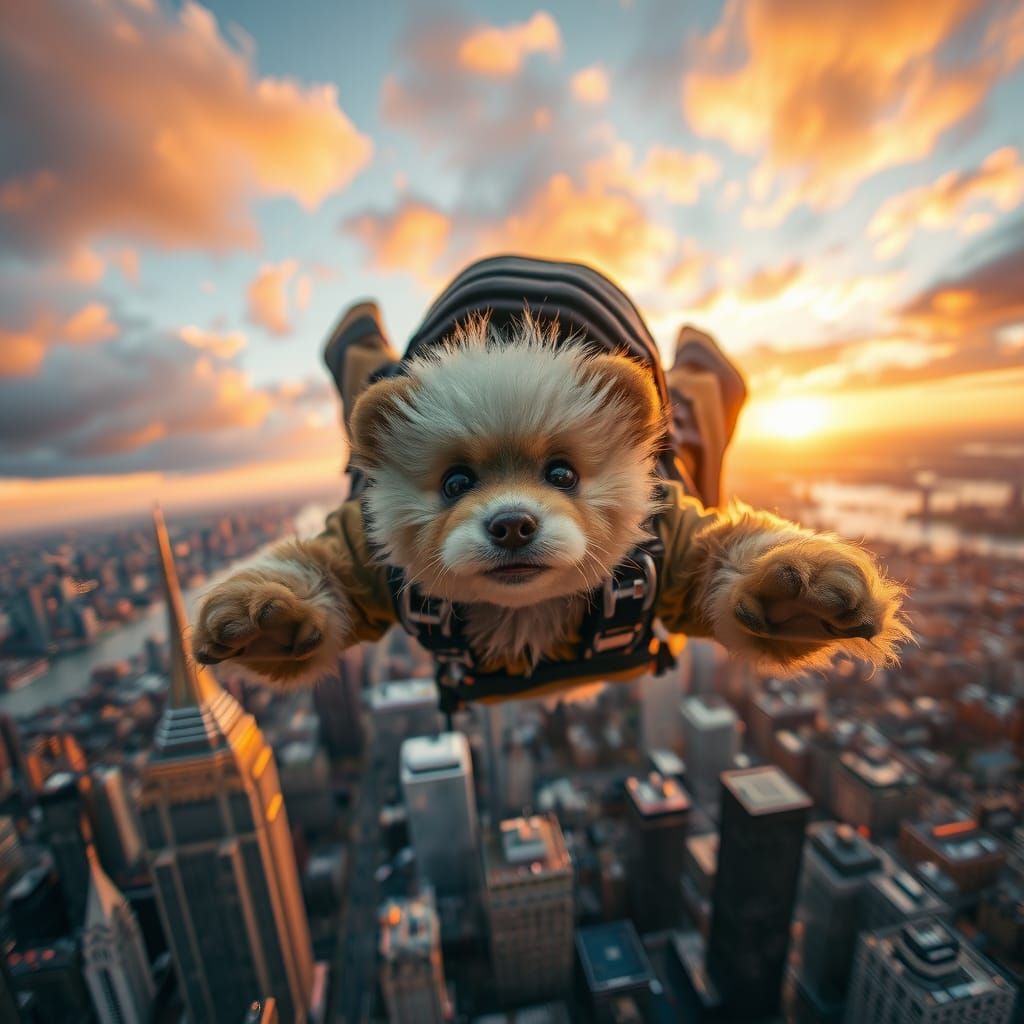Fluffy Creature Skydiving Over New York City Sunset