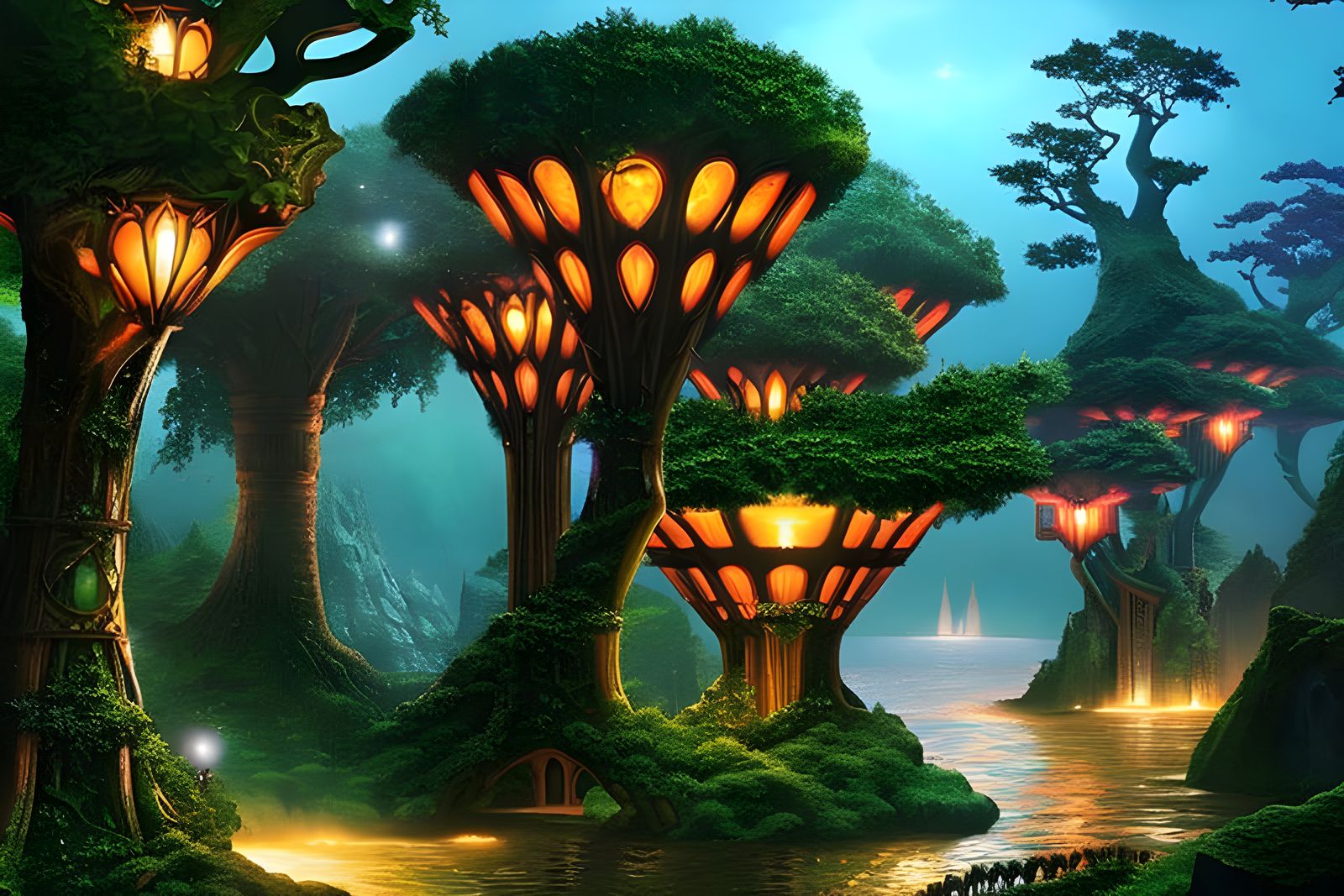 Enchanted Elven Tree City in Mystical Woods