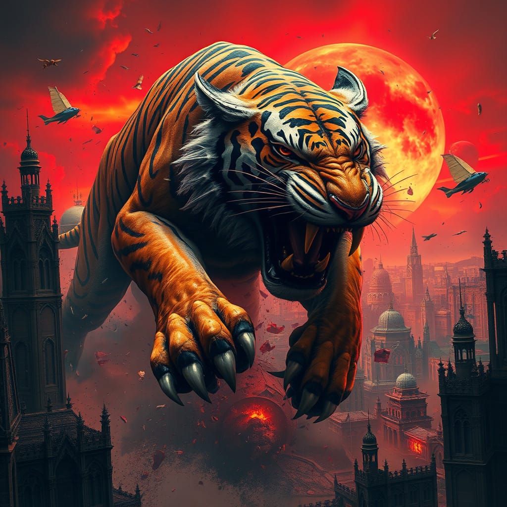 Cyberpunk Tiger Unleashes Chaos on Dystopian Metropolis