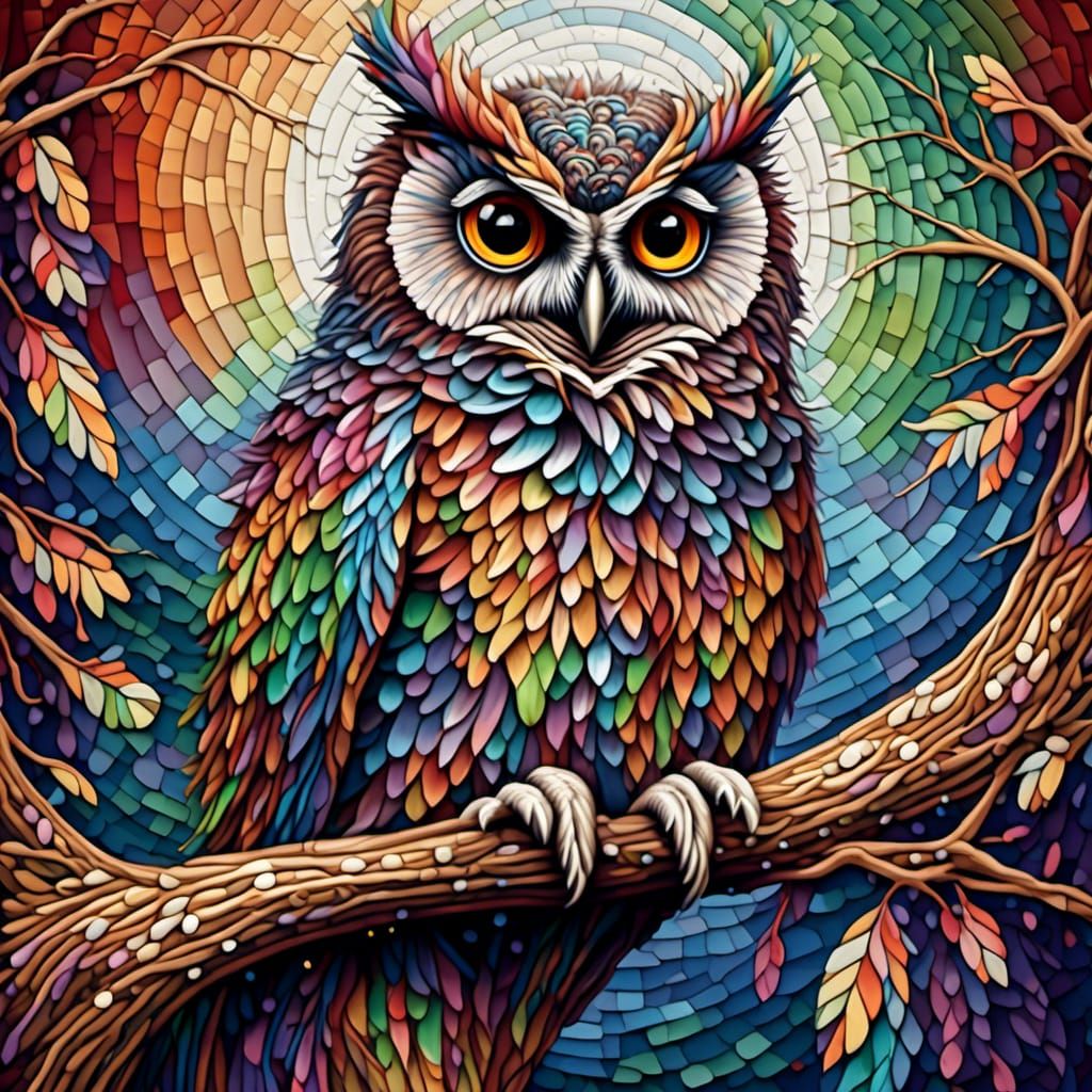 Rainbow Feathered Owl on Branch in Detailed 3D