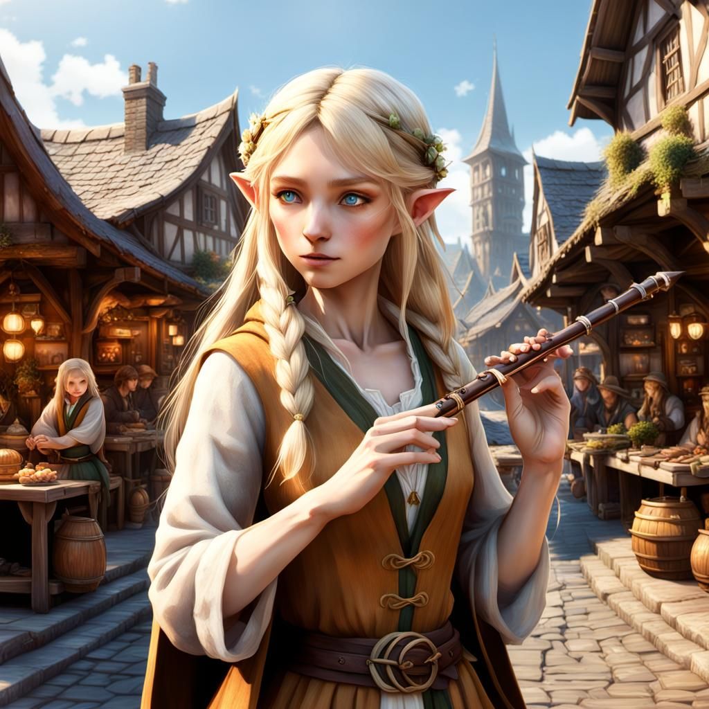 Blonde Hobbit Flute Player in Anime Style
