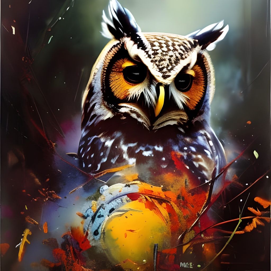 Owl versus Snake in Marbled Impressionist Style